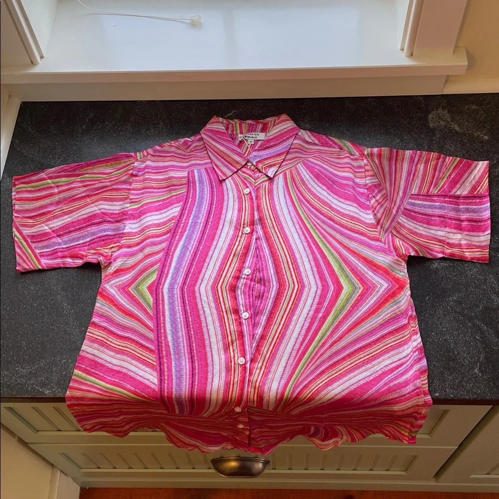 NWT Frankie’s Bikinis Fifi Medium (M) Cover Up/ Button Down Striped Pink Green